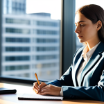 A professional woman in a modest business suit, sitting calmly at a sleek wooden desk in a sunlit, minimalist office, her gaze thoughtfully directed towards a notepad. She has a serene, contemplative expression, suggesting deep thought and inner peace. The background features blurred modern architecture outside a large window. The lighting is soft and natural, emphasizing a calm and focused atmosphere. Professional photography, high resolution, detailed, natural body proportions, perfect anatomy, well-formed hands, proper finger count, correct proportions, natural pose, fully clothed, appropriate attire, modest clothing, safe for work, appropriate content, family-friendly.