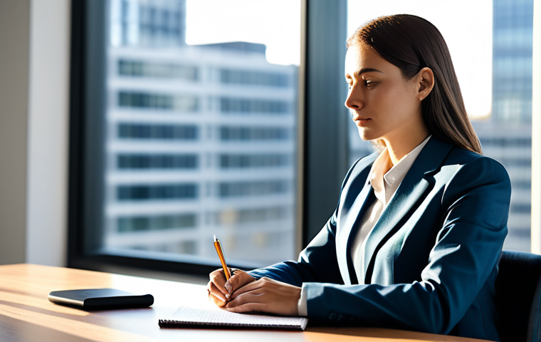 A professional woman in a modest business suit, sitting calmly at a sleek wooden desk in a sunlit, minimalist office, her gaze thoughtfully directed towards a notepad. She has a serene, contemplative expression, suggesting deep thought and inner peace. The background features blurred modern architecture outside a large window. The lighting is soft and natural, emphasizing a calm and focused atmosphere. Professional photography, high resolution, detailed, natural body proportions, perfect anatomy, well-formed hands, proper finger count, correct proportions, natural pose, fully clothed, appropriate attire, modest clothing, safe for work, appropriate content, family-friendly.