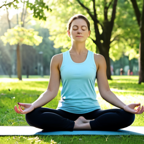 **

A woman practicing mindful breathing in a peaceful park setting. She is fully clothed in comfortable clothing, sitting cross-legged on a yoga mat. Sunlight streams through the trees, creating a serene atmosphere. The image should convey a sense of calm and tranquility. Perfect anatomy, correct proportions, natural pose, well-formed hands, proper finger count. Safe for work, appropriate content, fully clothed, professional.

**