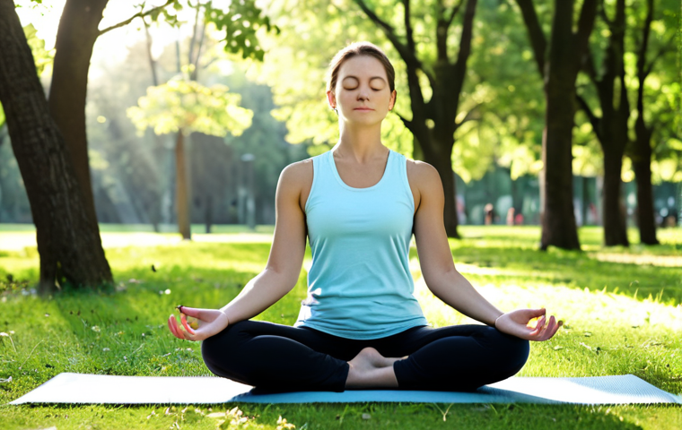 **

A woman practicing mindful breathing in a peaceful park setting. She is fully clothed in comfortable clothing, sitting cross-legged on a yoga mat. Sunlight streams through the trees, creating a serene atmosphere. The image should convey a sense of calm and tranquility. Perfect anatomy, correct proportions, natural pose, well-formed hands, proper finger count. Safe for work, appropriate content, fully clothed, professional.

**