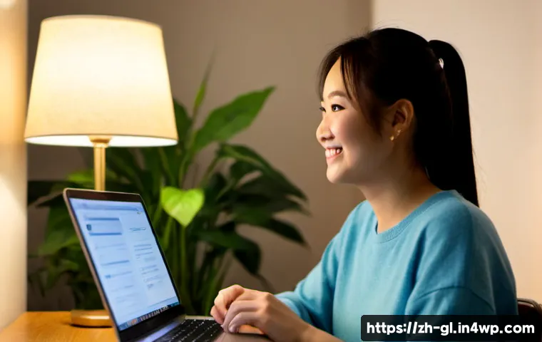 자기 위로를 위한 온라인 커뮤니티 활용하기 - Photorealistic cozy evening scene of an East Asian adult woman sitting comfortably at a tidy home de...