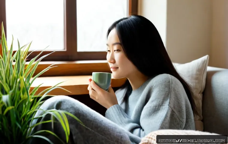 자기 위로를 위한 실질적 감정 관리 방법 - Photorealistic morning self-care scene, calm adult woman sitting comfortably by a sunlit window, hol...